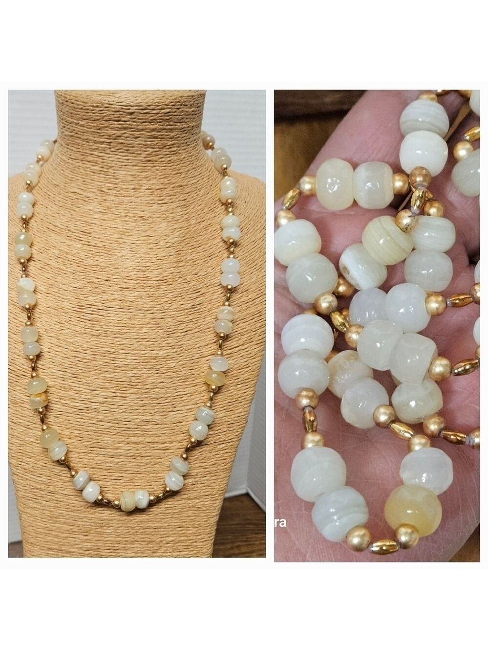 Single Strand Cream Orca Agate and Gold Opera Necklace